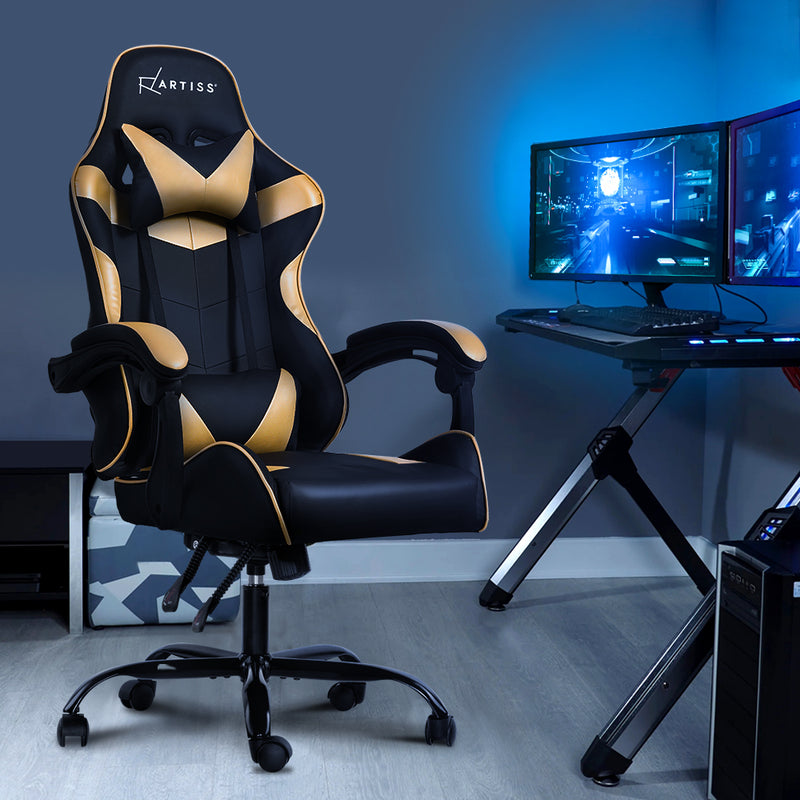 MECKA Office Chair Gaming Chair Computer Chairs Recliner PU Leather Seat Armrest Black Golden
