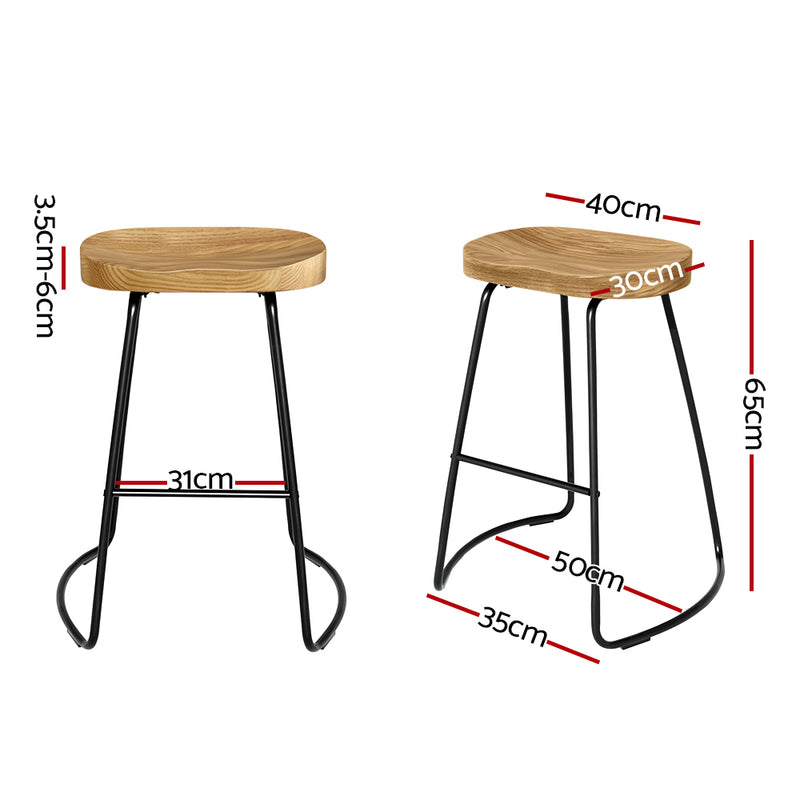 Artiss Set of 2 Elm Wood Backless Bar Stools 65cm - Black and Light Natural