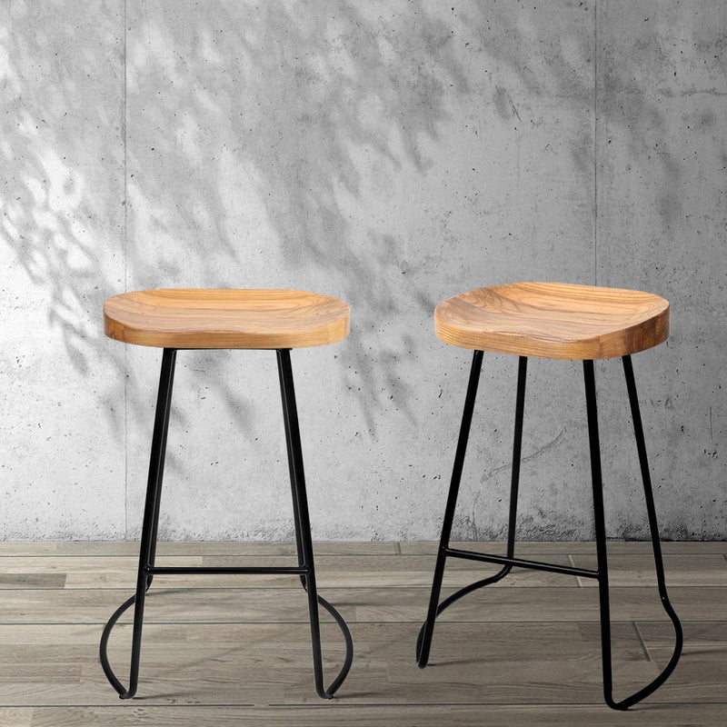 Artiss Set of 2 Elm Wood Backless Bar Stools 65cm - Black and Light Natural