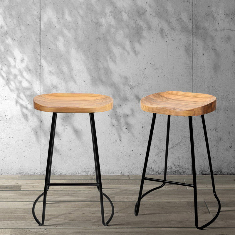 Artiss Set of 4 Elm Wood Backless Bar Stools 65cm - Black and Light Natural