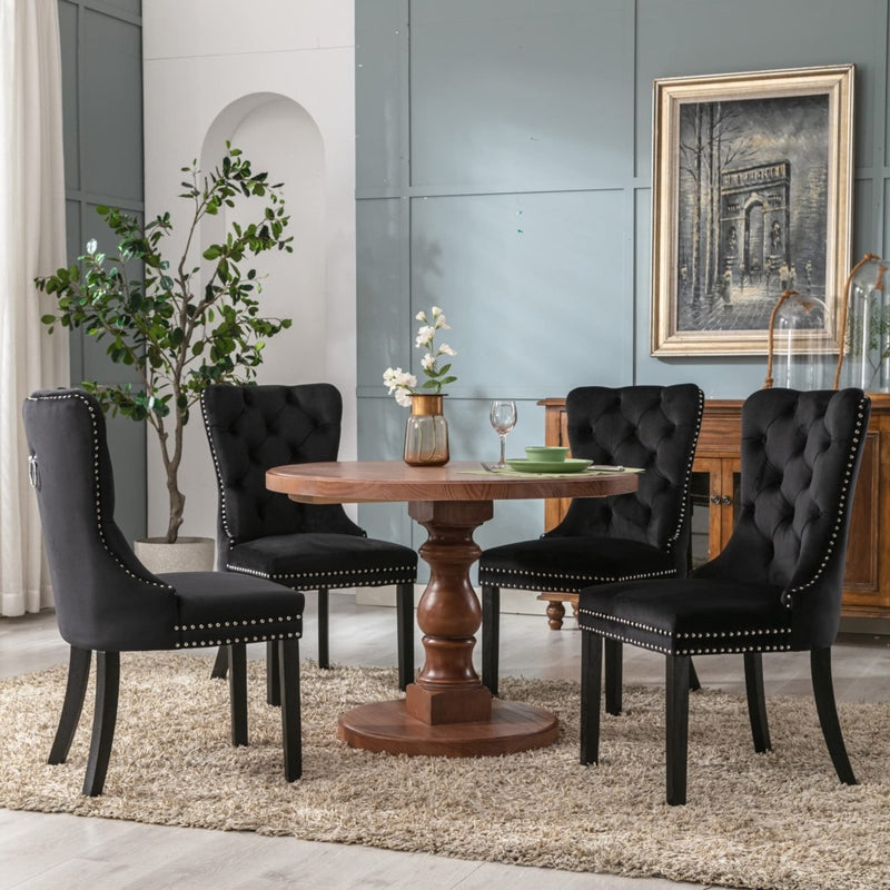 4x Velvet Dining Chairs Upholstered Tufted Kithcen Chair with Solid Wood Legs Stud Trim and Ring-Black