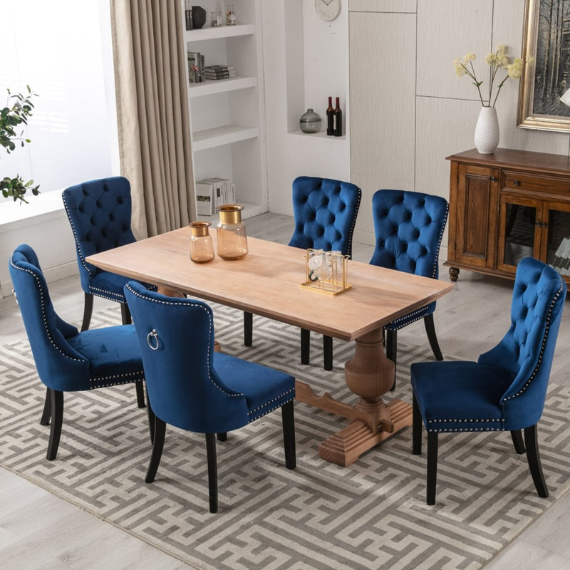 4x Velvet Dining Chairs Upholstered Tufted Kithcen Chair with Solid Wood Legs Stud Trim and Ring-Blue