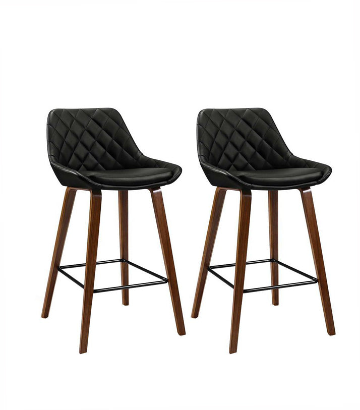 LINDSAY Set of 2 Bar Stools Bentwood PU Leather Diamond Pleat - Black