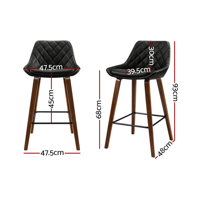 LINDSAY Set of 2 Bar Stools Bentwood PU Leather Diamond Pleat - Black