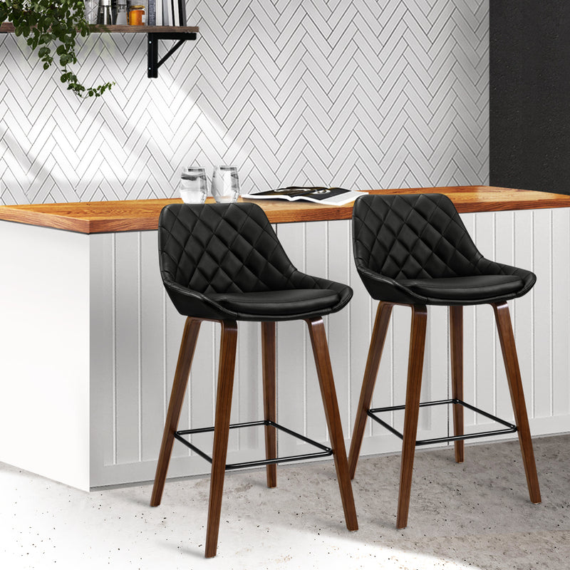 LINDSAY Set of 2 Bar Stools Bentwood PU Leather Diamond Pleat - Black