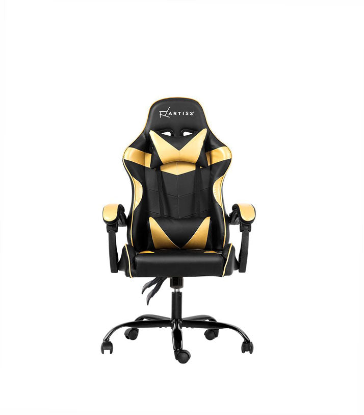 MECKA Office Chair Gaming Chair Computer Chairs Recliner PU Leather Seat Armrest Black Golden