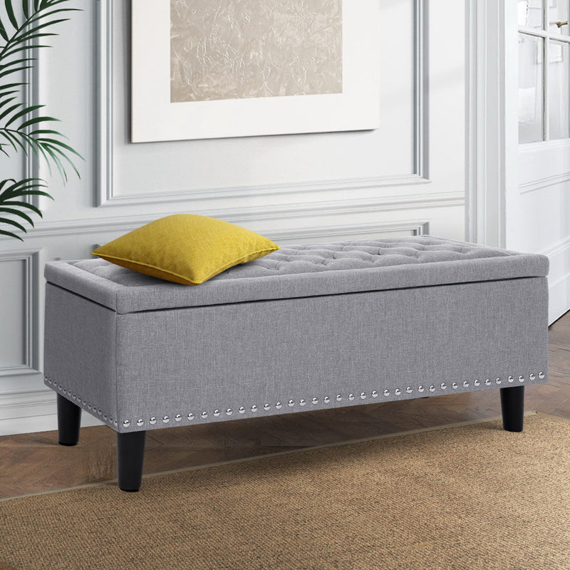 MILSON Storage Ottoman Blanket Box Linen Fabric Chest Foot Stool Toy Bench Grey