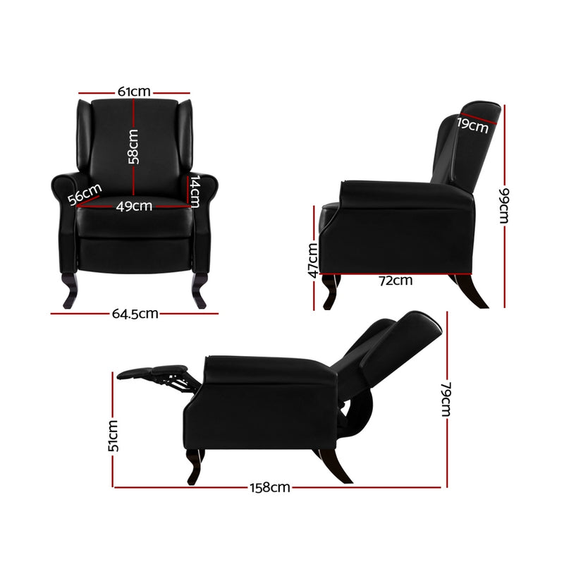 ALFRED Recliner Chair Luxury Lounge Armchair Single Sofa Couch PU Leather Black