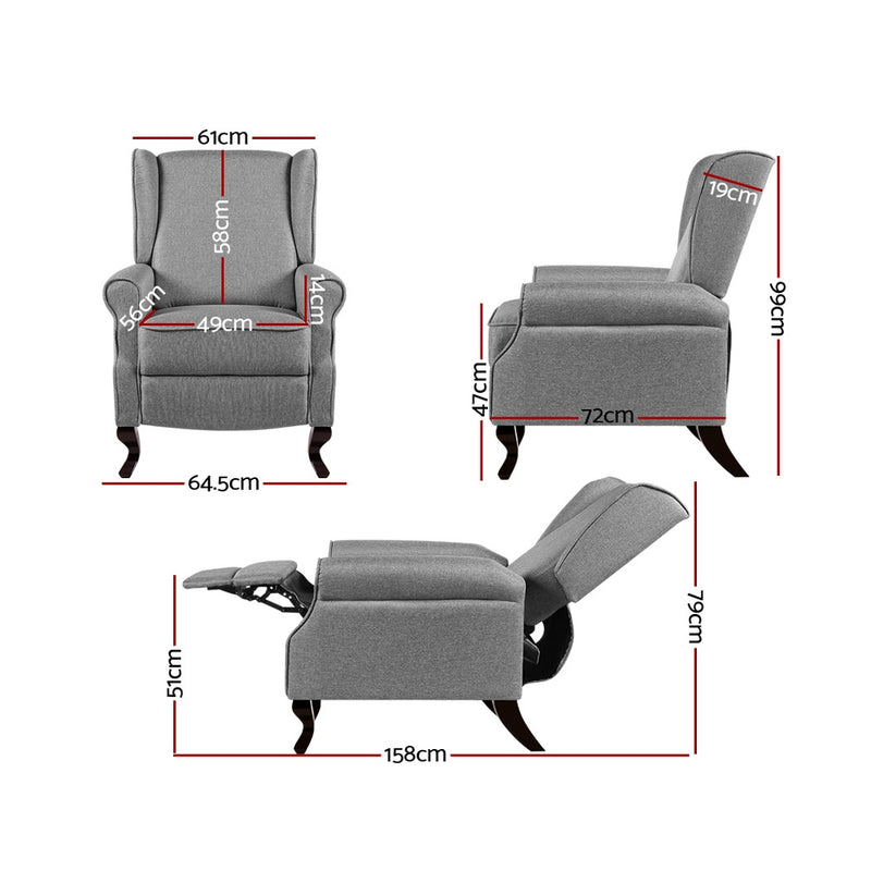 ALFRED Recliner Chair Luxury Lounge Armchair Single Sofa Couch Fabric Grey