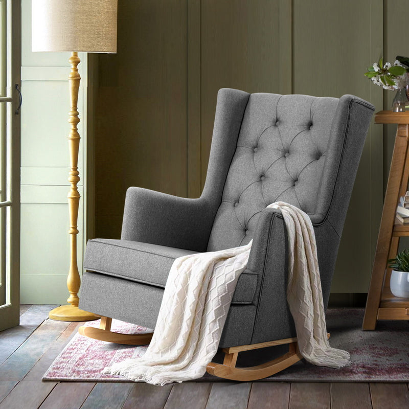 GAIA Rocking Armchair Feeding Chair Linen Fabric Armchairs Lounge Retro Grey