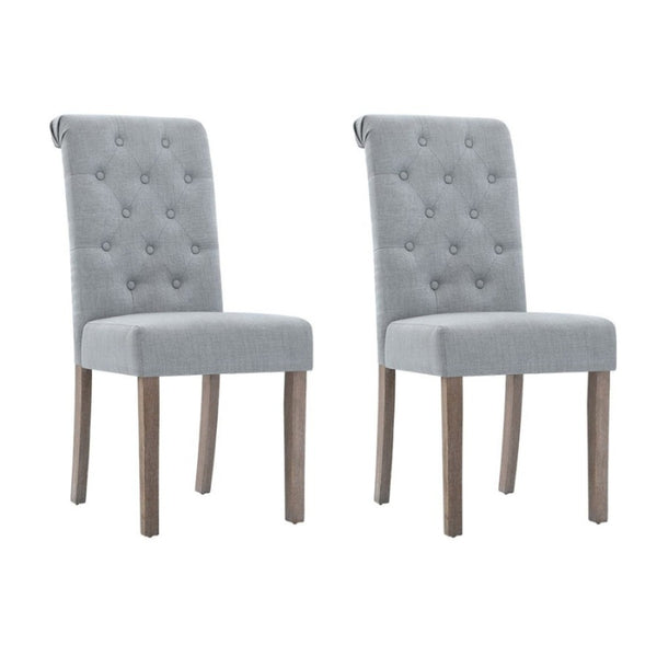 DANSON 2x Dining Chairs French Provincial Kitchen Cafe Fabric Padded High Back Pine Wood Light Grey